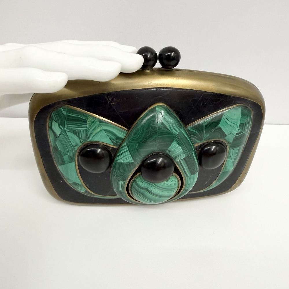 R&Y Augousti Metal Mineral Stone Like Clutch RARE Heavy Art To Wear Green Black